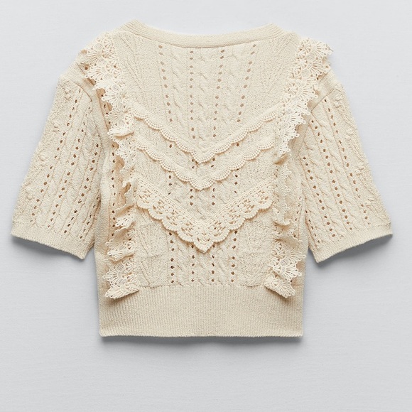 Zara Tops Zara 3d Knit Crochet Embroidered Ruffle Top Sweater 223